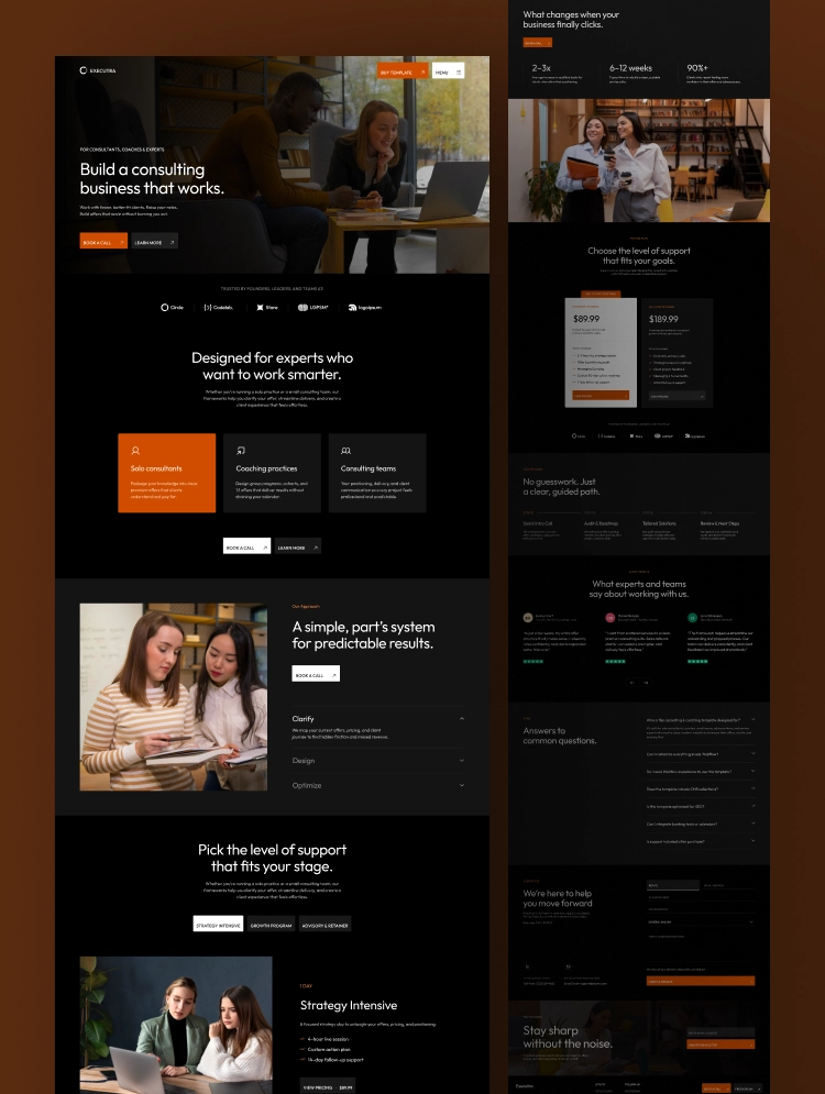 Executra Webflow template — dark corporate consulting design