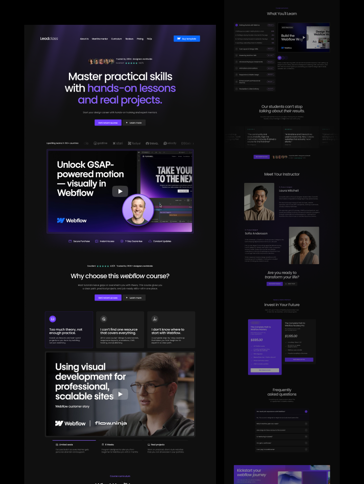 Leadclass Webflow template — dark modern education design