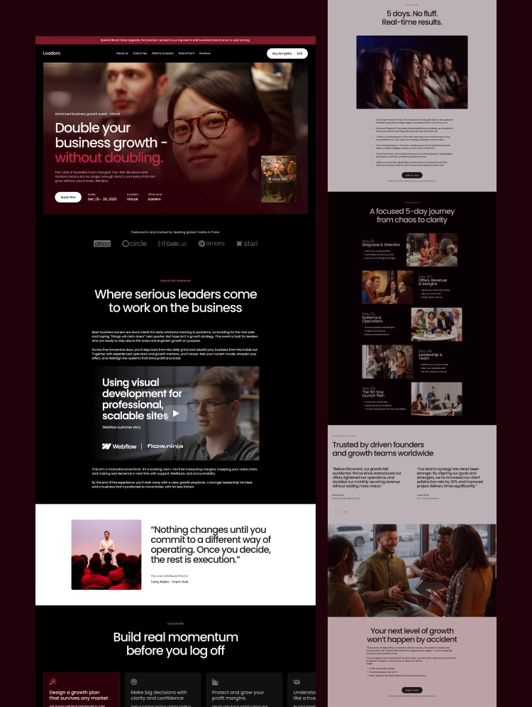Leadora Webflow template — dark modern business events design