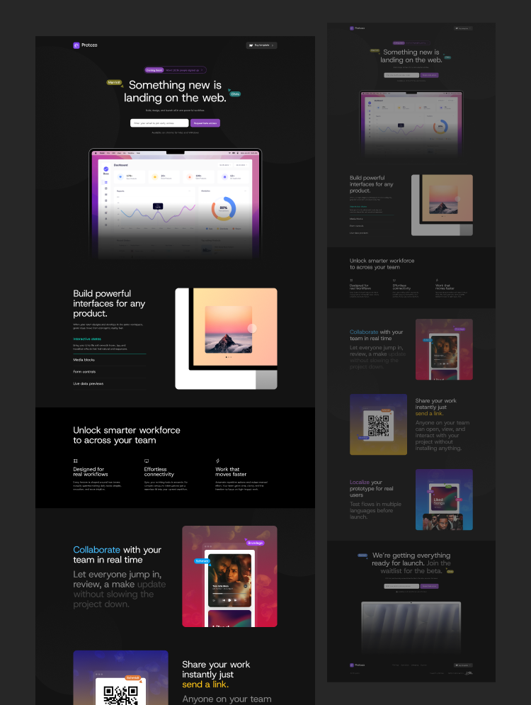 Protoza Webflow template — dark minimal SaaS launch design